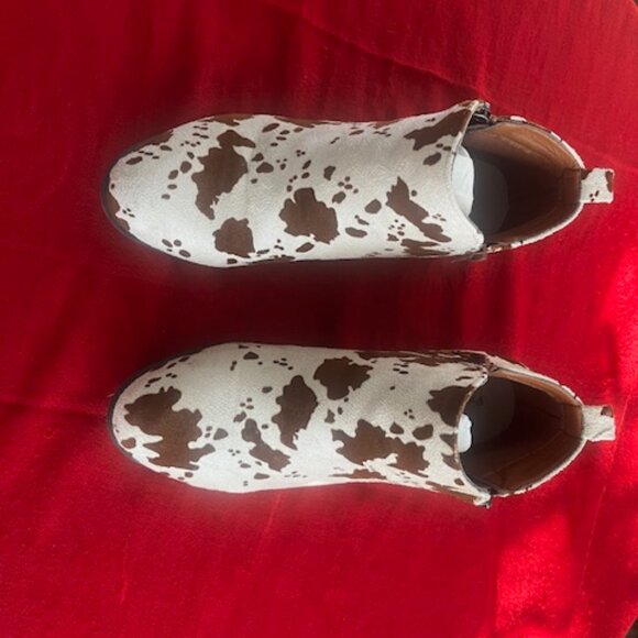 Cow Print Zipper Ankle Booties Boho Western Cowgirl - Picture 2 of 8